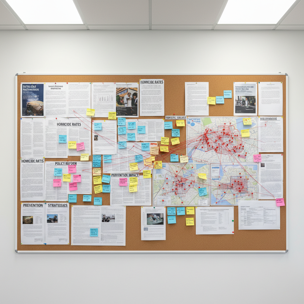 A large corkboard mounted on a clean white wall in a university seminar room, completely covered with neatly pinned printed articles, color-coded sticky notes, and crime maps marked with small red flags. Strings subtly connect key locations and headings like “homicide rates,” “domestic violence,” and “policy reform,” all printed in clear, professional fonts. Overhead fluorescent lights provide even, neutral illumination, reducing harsh shadows and making every detail legible. Photographic realism, framed straight-on with sharp focus across the entire scene. The mood is analytical and methodical, conveying systematic examination of violent crime for academic discussion without sensationalism.