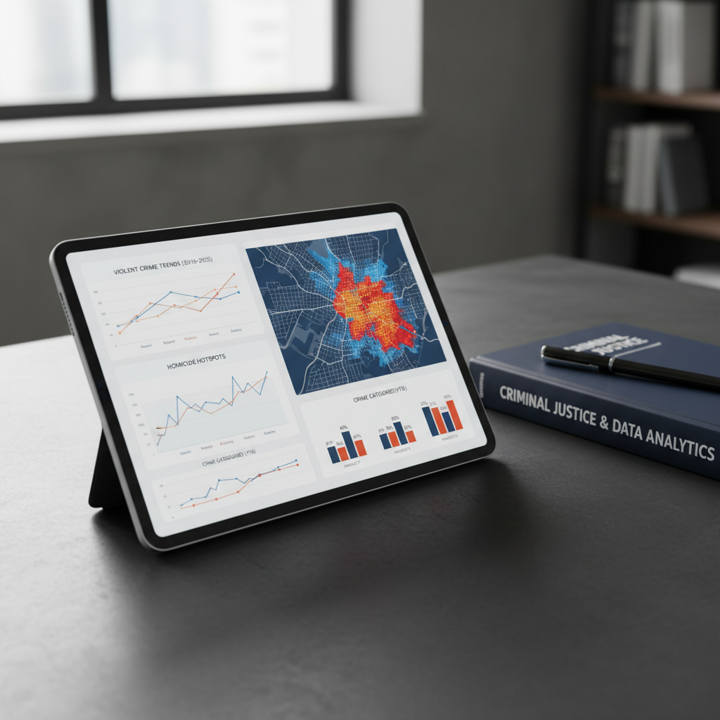A modern digital tablet lying on a dark matte desk surface, displaying a clean, data-rich dashboard of violent crime analytics: line graphs showing trends over time, a heat map of a city with gradients from cool blue to intense red, and clearly labeled categories like assault, robbery, and homicide. Beside it rests a closed criminal justice textbook and a slim black pen. Soft, diffused window light from the left creates gentle reflections on the tablet screen without glare. Photographic realism, captured from a slightly elevated angle with shallow depth of field, emphasizing the tablet while the background fades into a subtle blur. The tone is professional, data-driven, and objective.